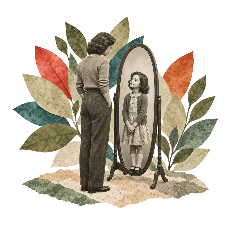 A woman looking into a mirror at her childhood self