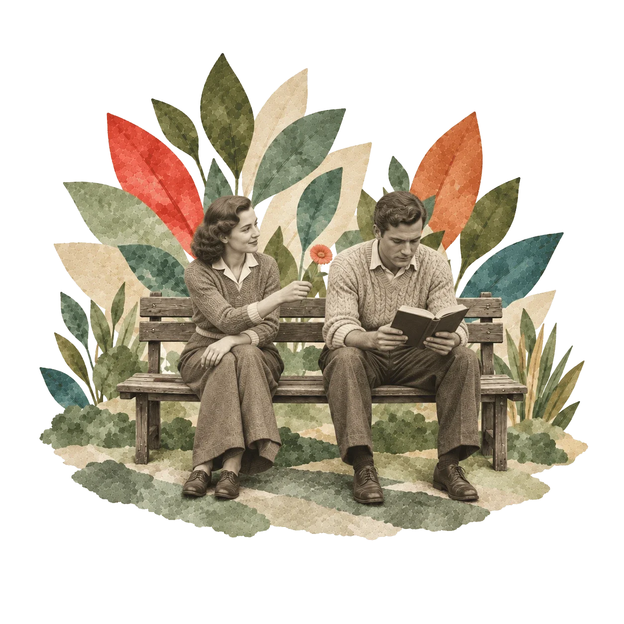 A couple on a bench in front of large leaves: she offers a flower, he is lost in his book