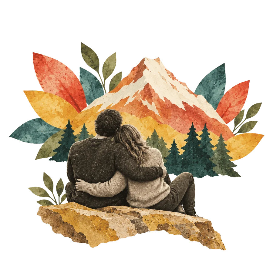 A couple embracing as they look out at a snowy mountain