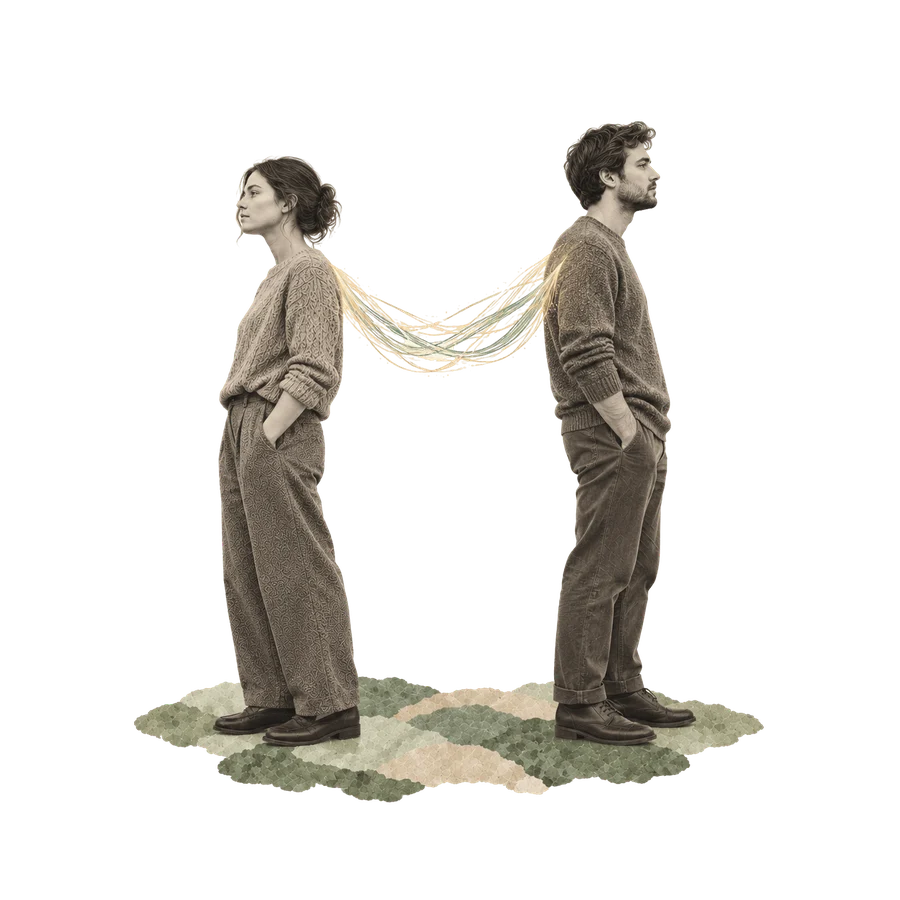 Two people standing back to back, joined by thin colored threads